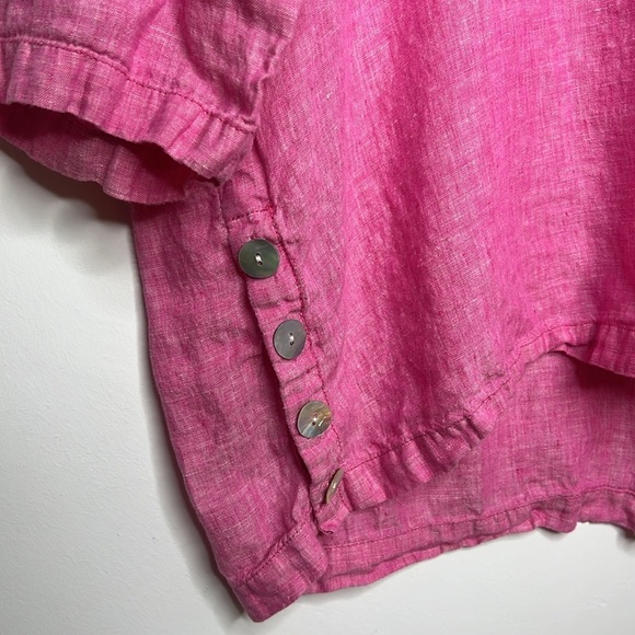 SIGRID OLSEN 100% Linen Pink Valentines Day Shell Button Popover V Neck Blouse - Picture 4 of 12